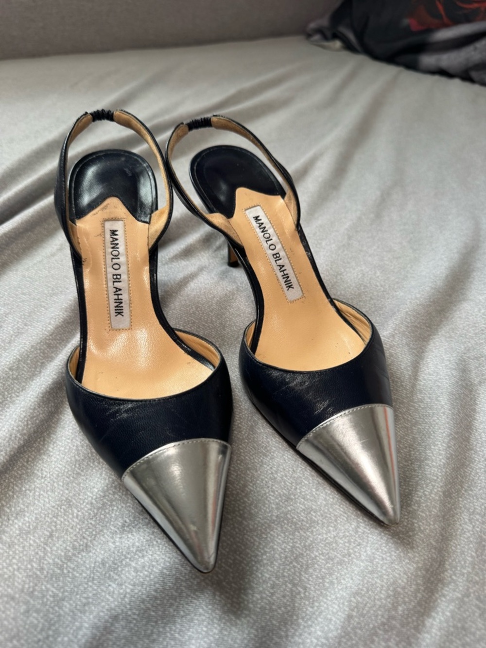 Manolo Blahnik dark blue and Silver Pointed Slingback Pumps